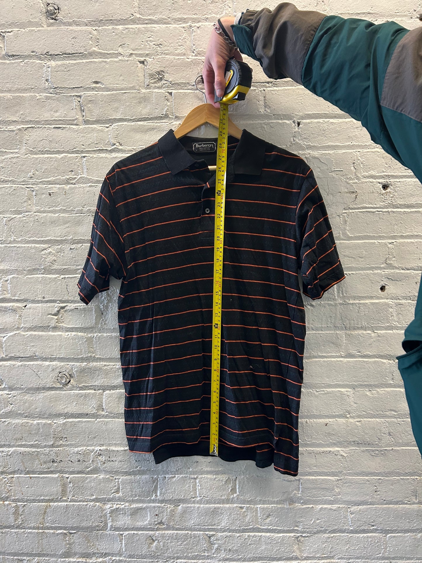 Burberry's Black and Orange Striped Polo - Large